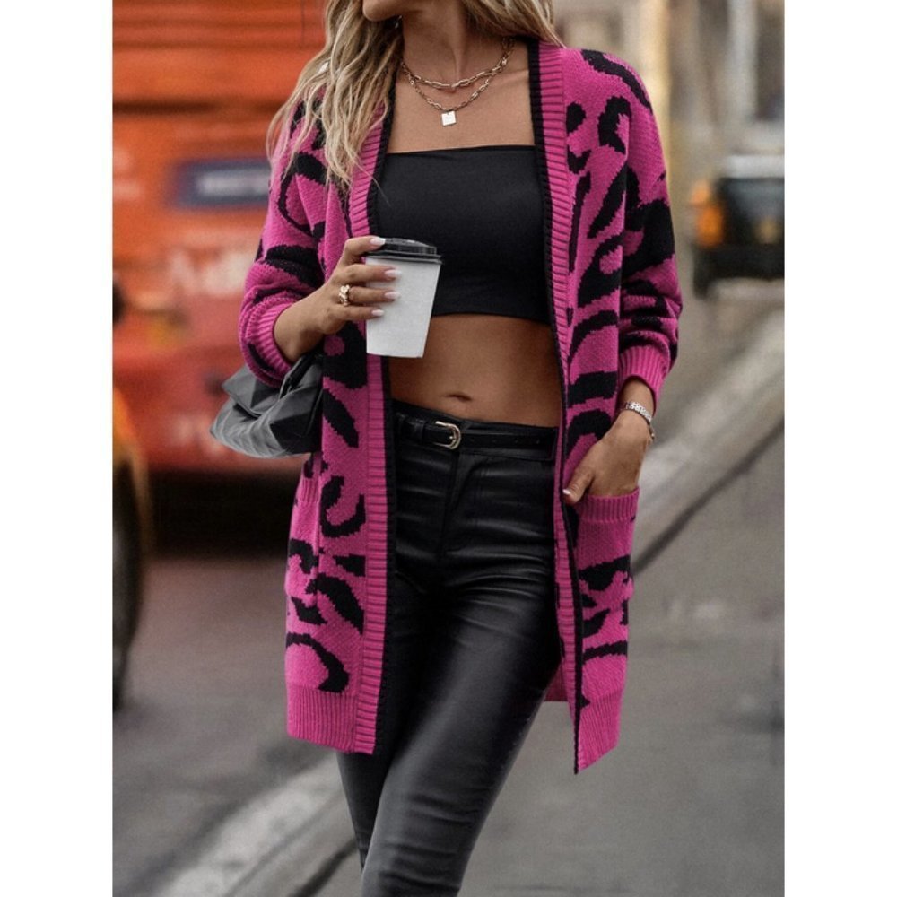 Leopard Print Open Front Knit Cardigan Pink - Picture 3 of 6